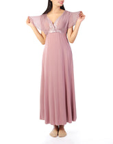 2 PIECE LACY NECK LONG NIGHTY -BEIGE